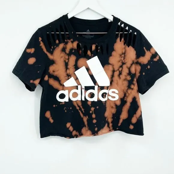 Adidas Cropped Cotton Tee Reverse Dyed Bleach Washed Distressed Crop Top SZ M - Picture 3 of 4
